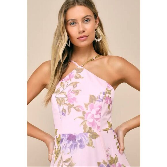 Lulus Women’s Large Maxi Dress Romantic Light Pink Floral Print Halter Neck NEW - Picture 2 of 11